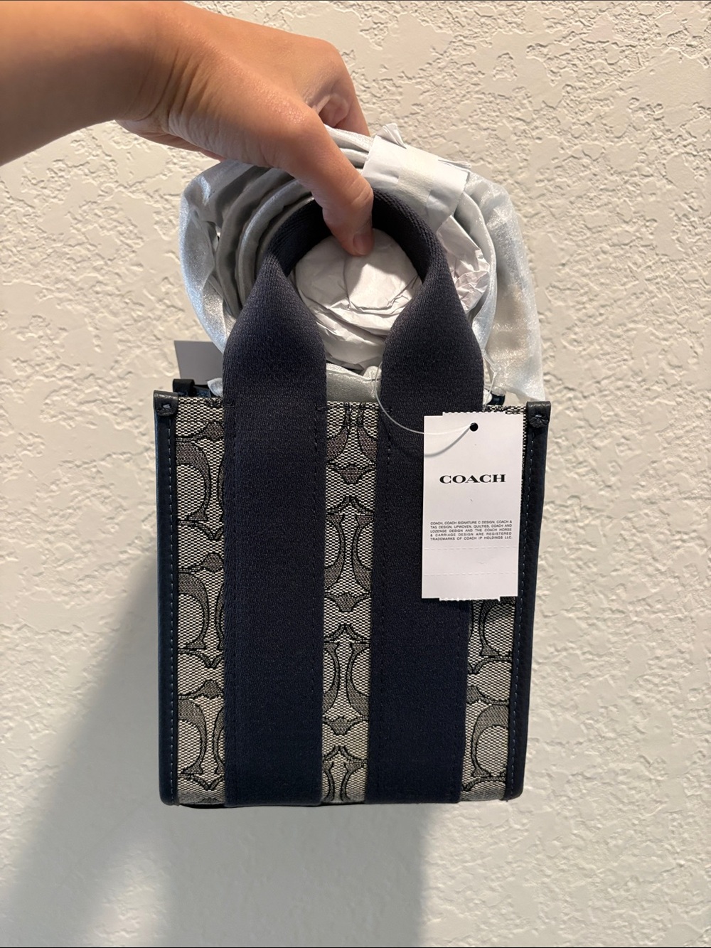 NWT COACH Midnight Navy Signature Stripe Mini Tote Jacquard